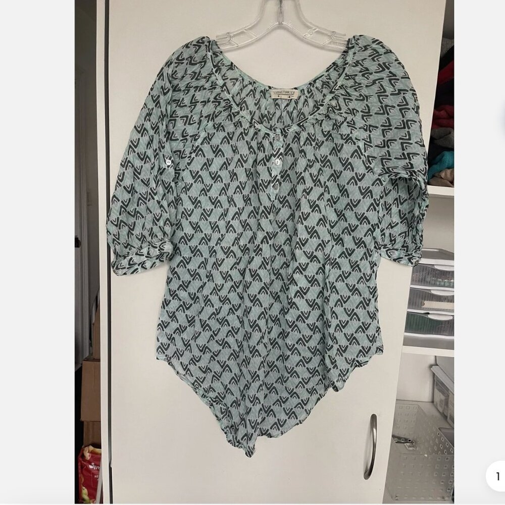 LARA ETHNICS 100% Cotton Lightweight Indian Print Blouse S/M Teal Gray Beach